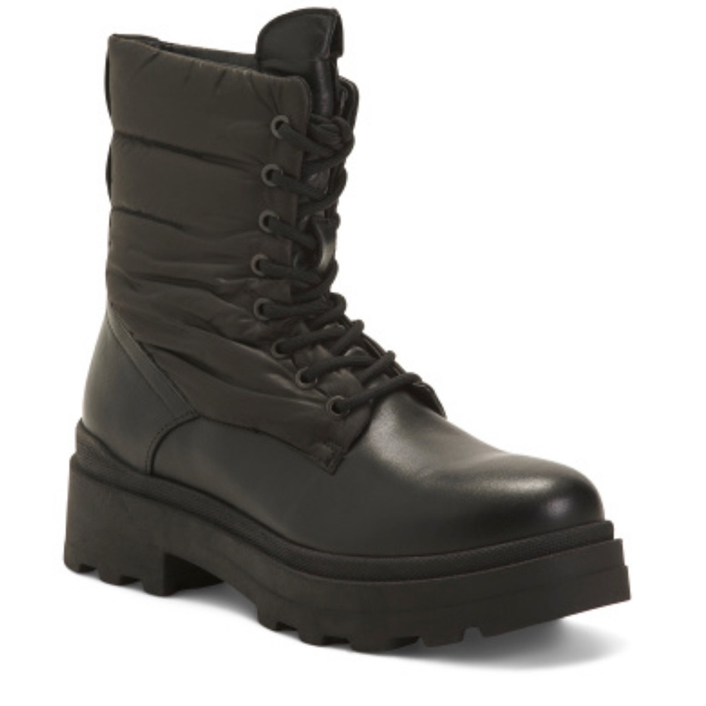 Black leather boots textile upper